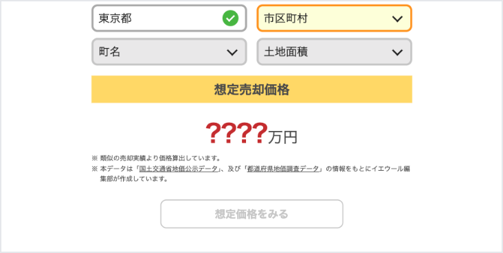 都道府県の土地売却査定シミュレーションコンテンツの画面の画像